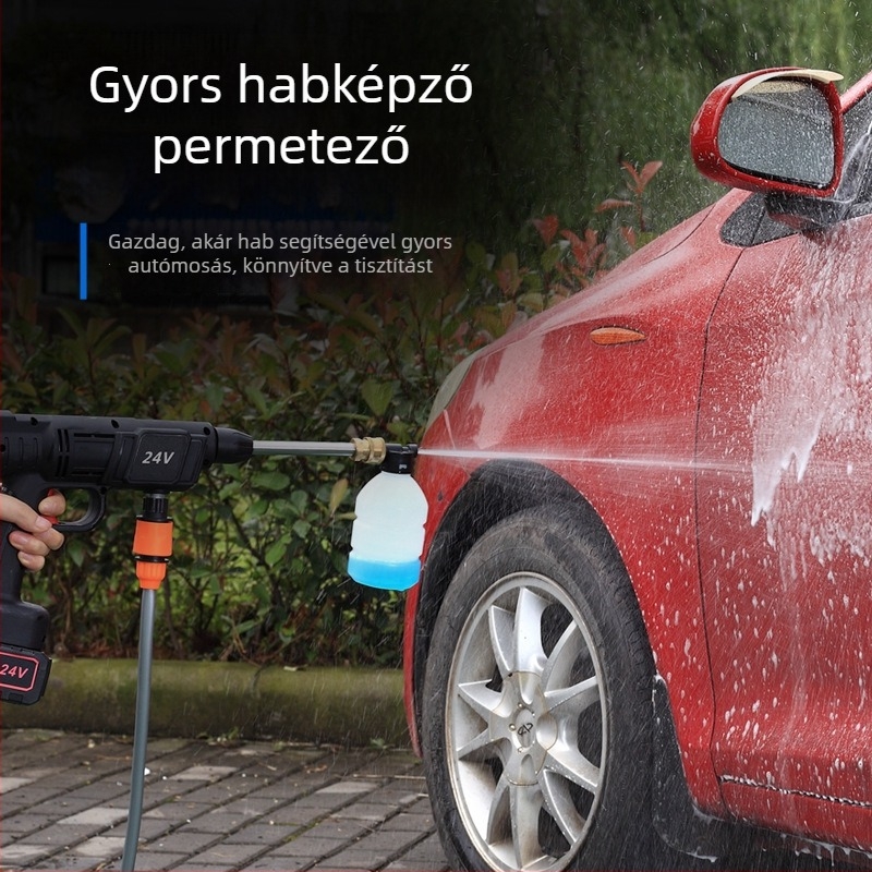 Hordozható vezeték nélküli autómosó pisztoly, 12V-os lítiumakkumulátorral, 150W, 0,8 MPa, tömlő 5–10 m