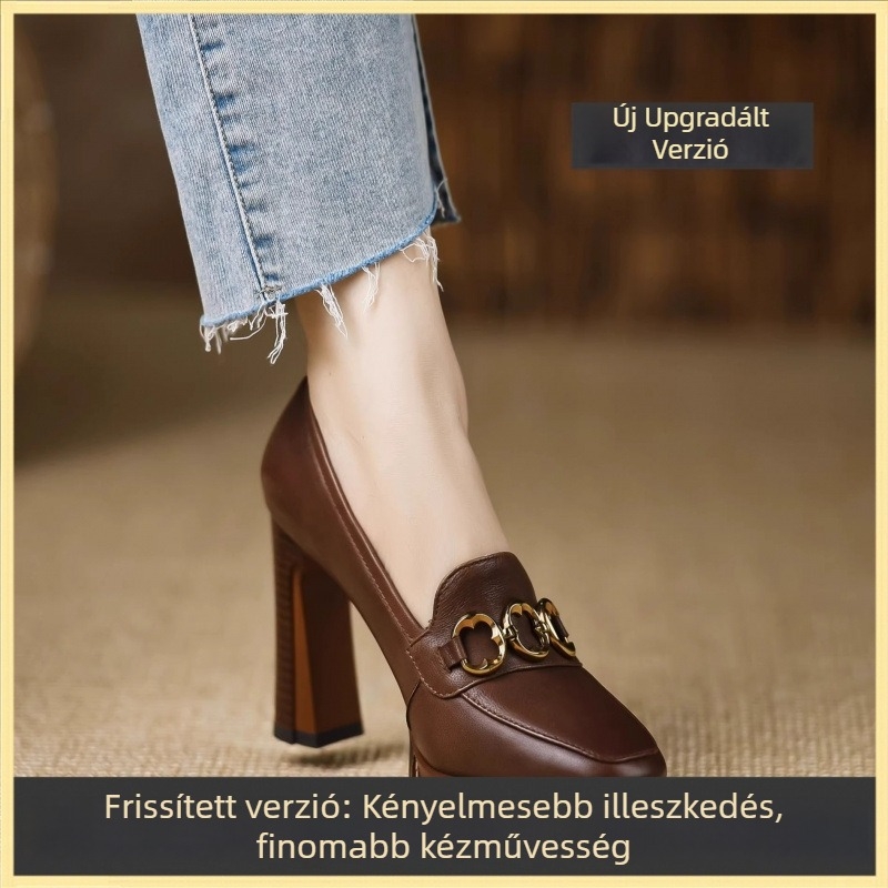 Női magassarkú cipő, négyszögletes orrú, felső rész szuper rostból, vastag sarok, belső talp mikroszálbőr, sarokmagasság >8 cm