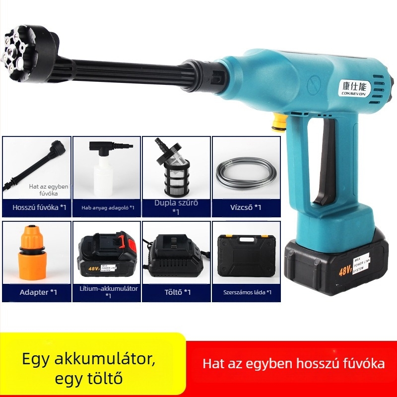 Vezeték nélküli brushless lítium akkumulátoros autómosó, újratölthető, magas nyomású vízpisztoly, hordozható (21V, 50)
