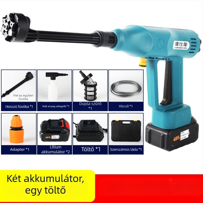 Vezeték nélküli brushless lítium akkumulátoros autómosó, újratölthető, magas nyomású vízpisztoly, hordozható (21V, 50)