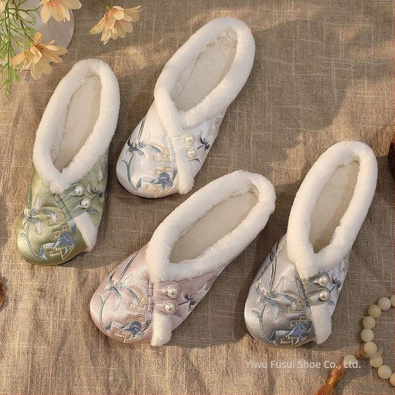 Hanfu stílusú beltéri papucs, pamut felső rész, gyapjú bélés, TPR talp, csúszásmentes