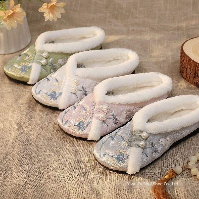 Hanfu stílusú beltéri papucs, pamut felső rész, gyapjú bélés, TPR talp, csúszásmentes
