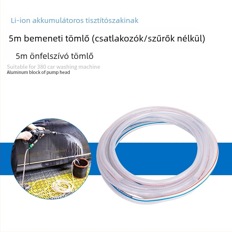 Hordozható vezeték nélküli lítium autómosó kiegészítő készlet — 10 m vízbevezető tömlő, szívócső, szűrőháló, csatlakozók (Fúvófej anyaga: Egyéb; Víznyomás: Egyéb; Súly: 0.9)