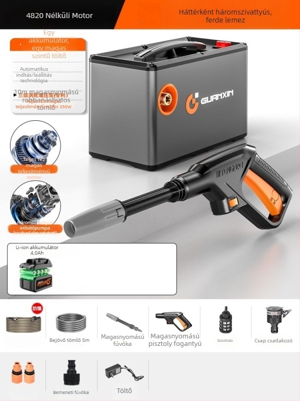 Vezeték nélküli hordozható autómosó készülék Li-ion akkumulátorral, modell maxs - 550 W, 20V/36V, maximális nyomás 35 bar, max áramlás 4.0 L/perc