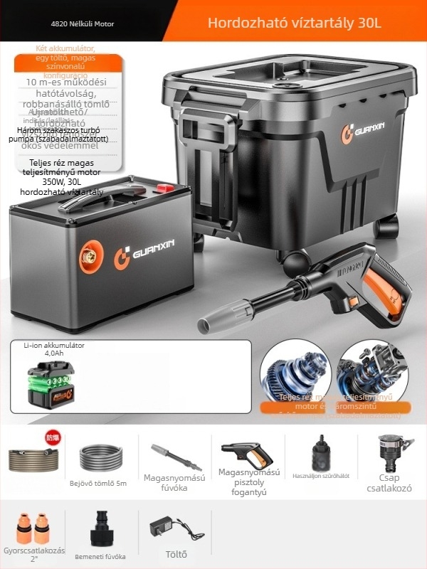 Vezeték nélküli hordozható autómosó készülék Li-ion akkumulátorral, modell maxs - 550 W, 20V/36V, maximális nyomás 35 bar, max áramlás 4.0 L/perc