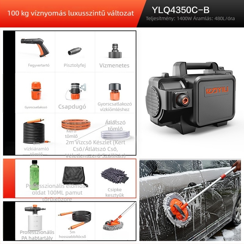 Magasnyomású autómosó swash plate pumpával, 220V, 1400W, 75 bar, 8 L/min, Modell YLQ4350C-B