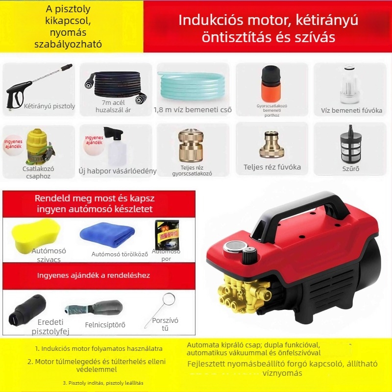 Nagynyomású autómosó berendezés — hordozható, háztartási, teljesen automata; 3000W, 220V, átfolyás 16 L/min, tömlőhossz 7–20 m, súly 9,5 kg