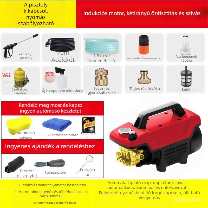 Nagynyomású autómosó berendezés — hordozható, háztartási, teljesen automata; 3000W, 220V, átfolyás 16 L/min, tömlőhossz 7–20 m, súly 9,5 kg