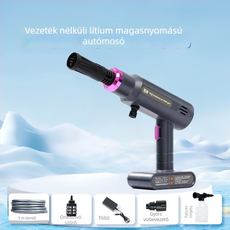 Vezeték nélküli lítium akkumulátoros autómosó magas nyomású pisztollyal — ABS ház, 21V, 260W, maximális áramlás 8 L/min, maximális nyomás 50 Bar, modell RG-15