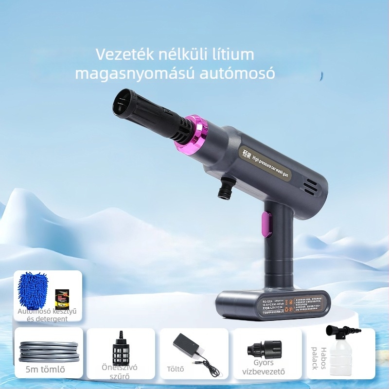 Vezeték nélküli lítium akkumulátoros autómosó magas nyomású pisztollyal — ABS ház, 21V, 260W, maximális áramlás 8 L/min, maximális nyomás 50 Bar, modell RG-15
