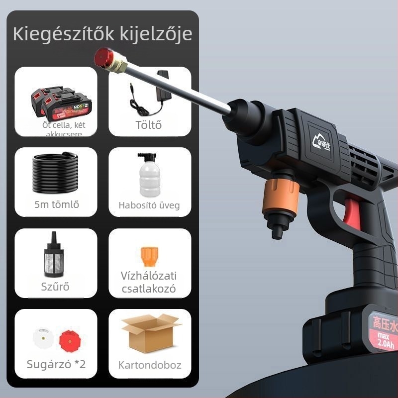 Kézi, hordozható autómosó készülék nagy nyomású vízsugárral, 80 W, cigaretta gyújtó által működtetett tápegység, tiszta réz alkatrészek, áramlás 4–8 L/min