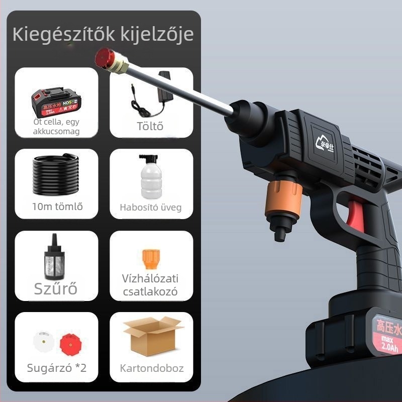 Kézi, hordozható autómosó készülék nagy nyomású vízsugárral, 80 W, cigaretta gyújtó által működtetett tápegység, tiszta réz alkatrészek, áramlás 4–8 L/min