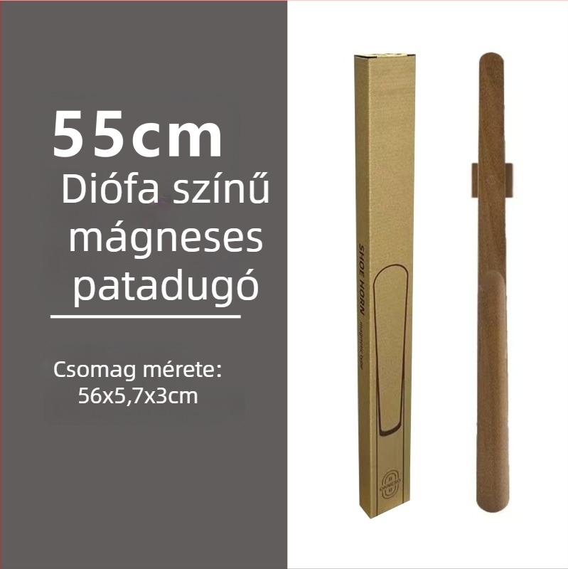 Mágneses cipőkanál hosszú fogantyúval dió színben, tömörfa, 55–70 cm – könnyű felhúzás terhes nőknek és időseknek