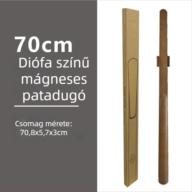Mágneses cipőkanál hosszú fogantyúval dió színben, tömörfa, 55–70 cm – könnyű felhúzás terhes nőknek és időseknek