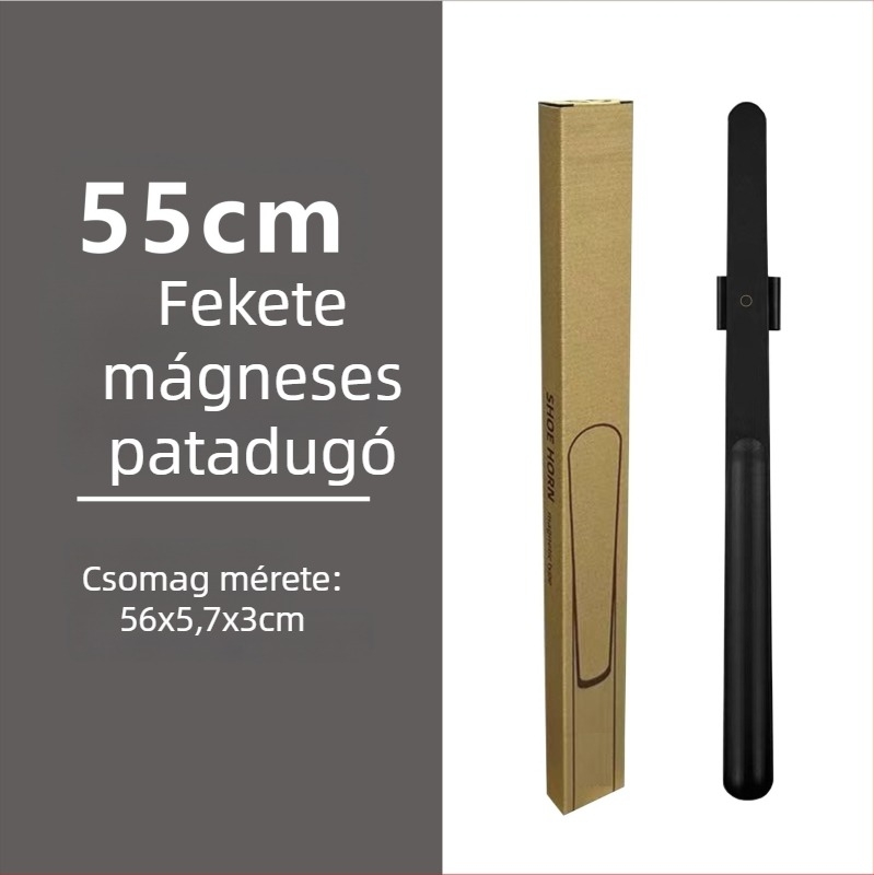 Mágneses cipőkanál hosszú fogantyúval dió színben, tömörfa, 55–70 cm – könnyű felhúzás terhes nőknek és időseknek
