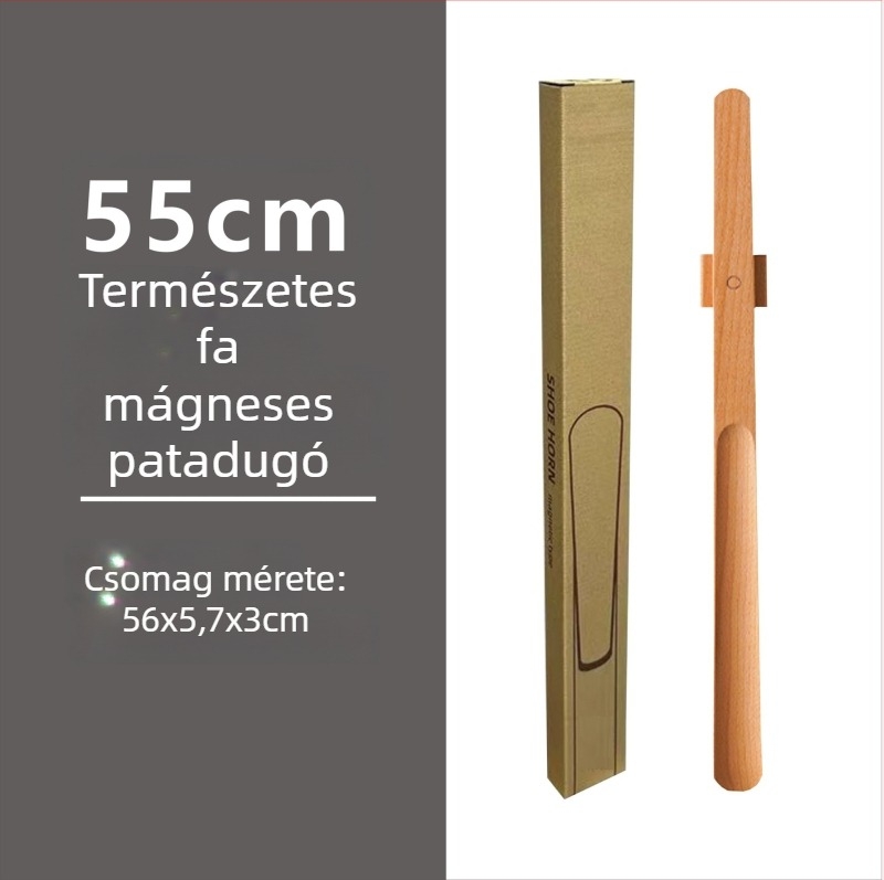 Mágneses cipőkanál hosszú fogantyúval dió színben, tömörfa, 55–70 cm – könnyű felhúzás terhes nőknek és időseknek