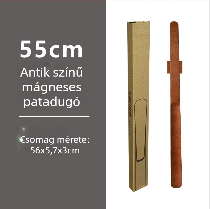Mágneses cipőkanál hosszú fogantyúval dió színben, tömörfa, 55–70 cm – könnyű felhúzás terhes nőknek és időseknek