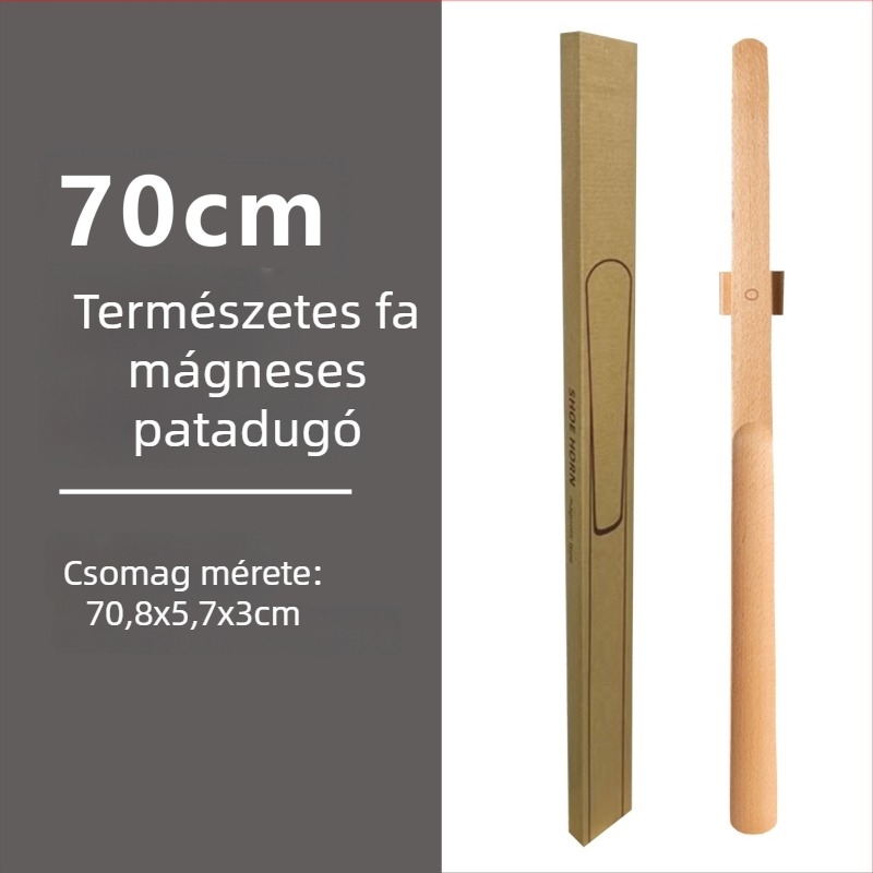 Mágneses cipőkanál hosszú fogantyúval dió színben, tömörfa, 55–70 cm – könnyű felhúzás terhes nőknek és időseknek