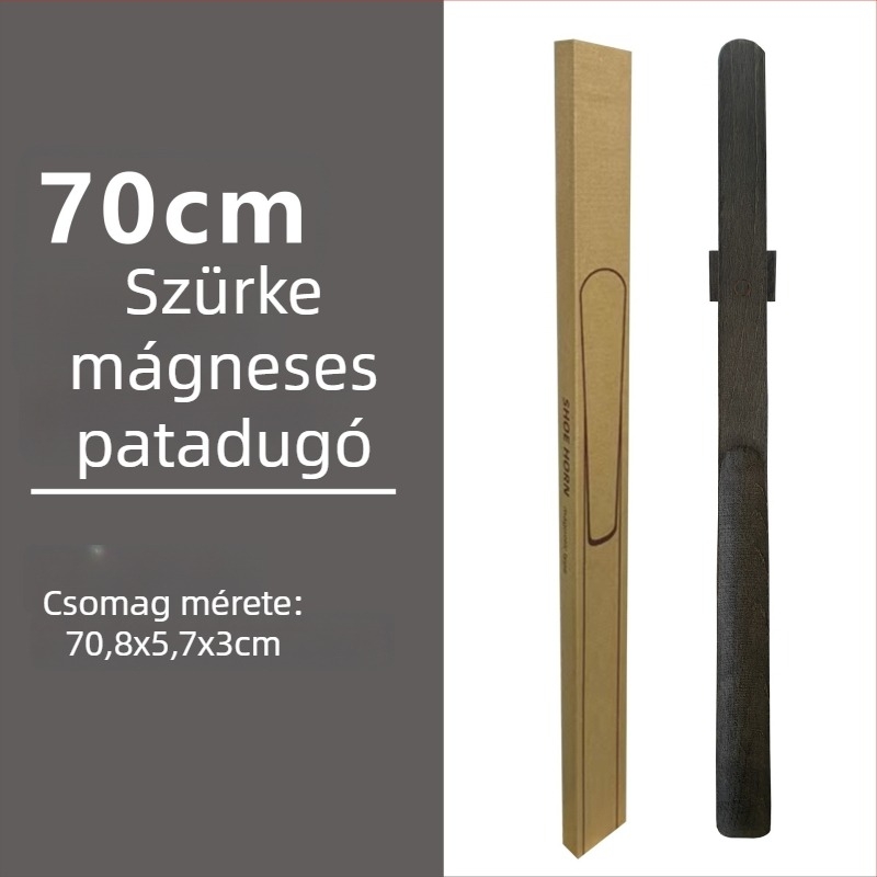 Mágneses cipőkanál hosszú fogantyúval dió színben, tömörfa, 55–70 cm – könnyű felhúzás terhes nőknek és időseknek