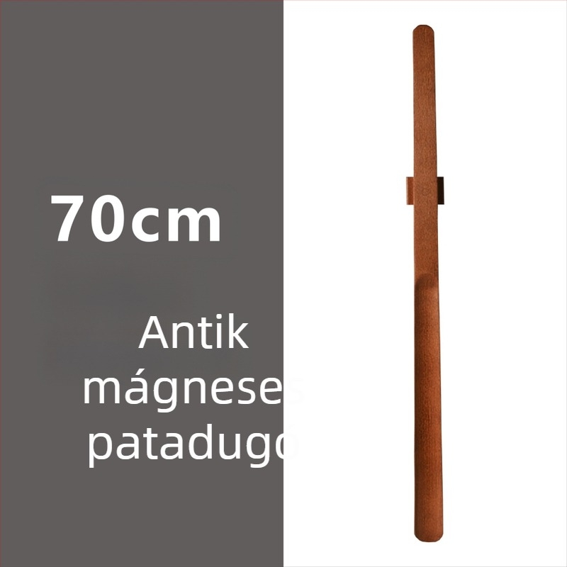 Mágneses cipőkanál hosszú fogantyúval dió színben, tömörfa, 55–70 cm – könnyű felhúzás terhes nőknek és időseknek