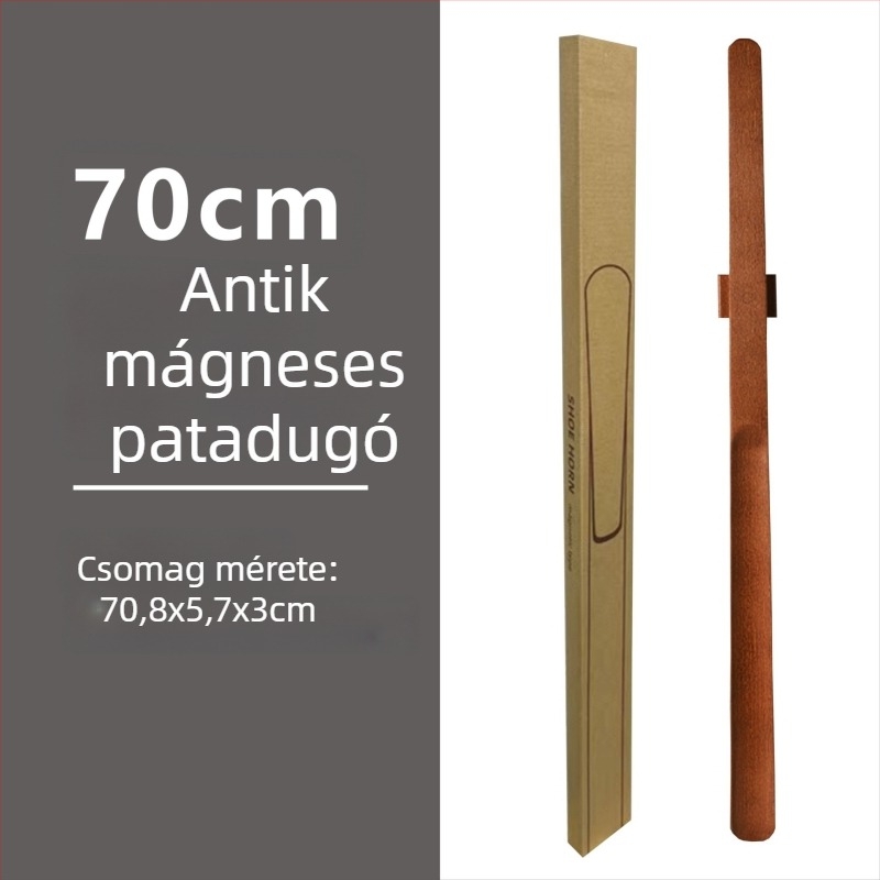 Mágneses cipőkanál hosszú fogantyúval dió színben, tömörfa, 55–70 cm – könnyű felhúzás terhes nőknek és időseknek