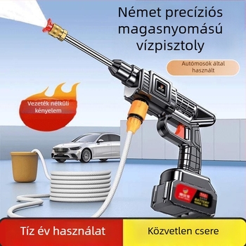 Vezeték nélküli nagynyomású autómosó indukciós motorral, réz kivitel, akkumulátoros (lítium) tápegység, hordozható, tömlő hossza 10–20 m, áramlás 4–8 L/perc