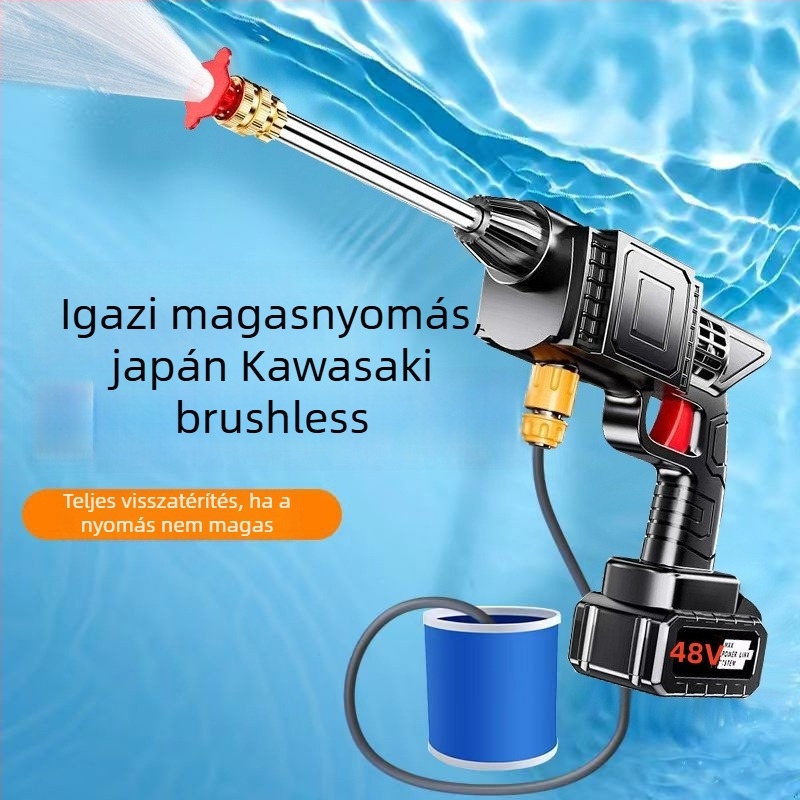 Vezeték nélküli nagynyomású autómosó indukciós motorral, réz kivitel, akkumulátoros (lítium) tápegység, hordozható, tömlő hossza 10–20 m, áramlás 4–8 L/perc