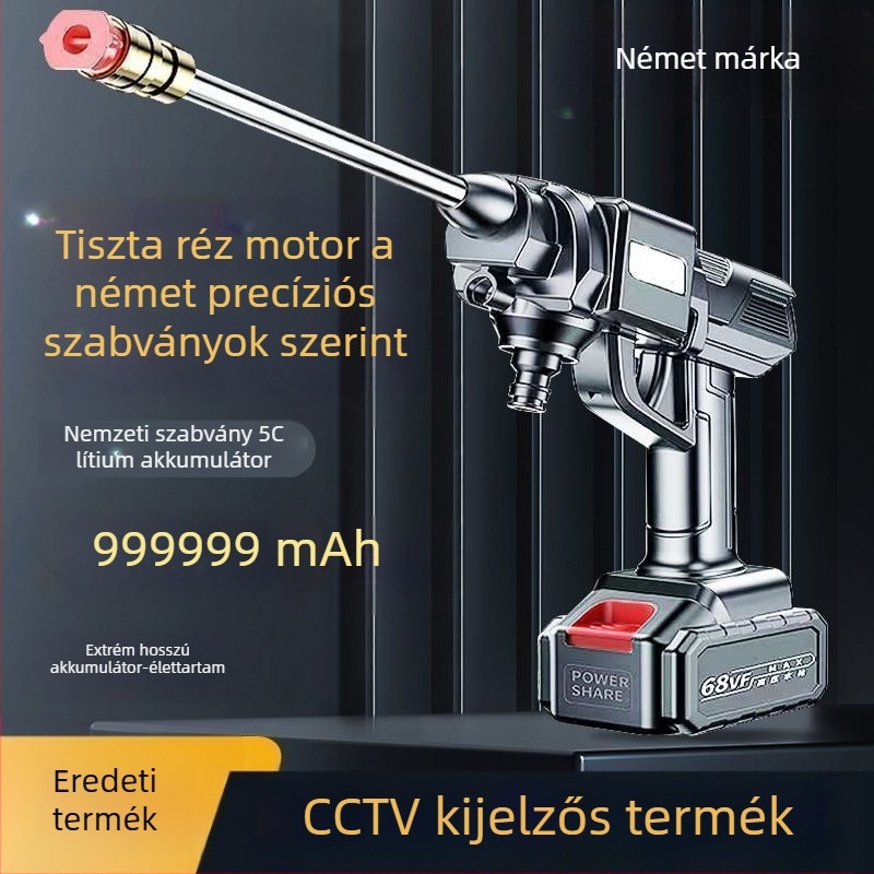 Vezeték nélküli nagynyomású autómosó indukciós motorral, réz kivitel, akkumulátoros (lítium) tápegység, hordozható, tömlő hossza 10–20 m, áramlás 4–8 L/perc