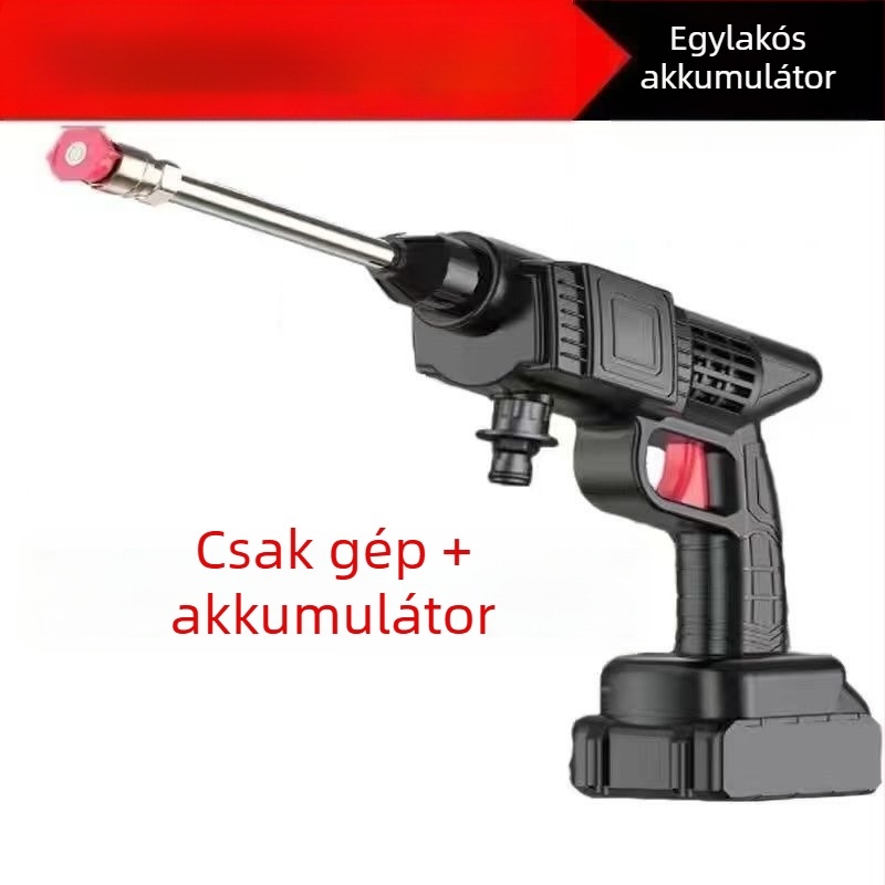 Vezeték nélküli nagynyomású autómosó indukciós motorral, réz kivitel, akkumulátoros (lítium) tápegység, hordozható, tömlő hossza 10–20 m, áramlás 4–8 L/perc