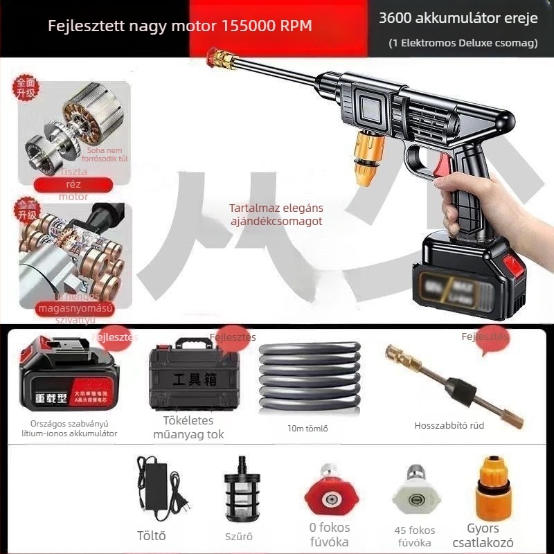 Vezeték nélküli nagynyomású autómosó indukciós motorral, réz kivitel, akkumulátoros (lítium) tápegység, hordozható, tömlő hossza 10–20 m, áramlás 4–8 L/perc