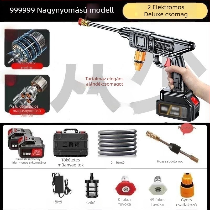 Vezeték nélküli nagynyomású autómosó indukciós motorral, réz kivitel, akkumulátoros (lítium) tápegység, hordozható, tömlő hossza 10–20 m, áramlás 4–8 L/perc