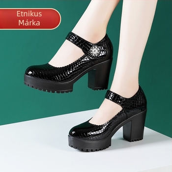 Természetes bőrből készült magas sarkú cipő, kerek orr, 6-8 cm vastag sarok, Velcro zár