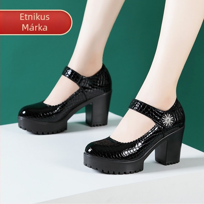 Természetes bőrből készült magas sarkú cipő, kerek orr, 6-8 cm vastag sarok, Velcro zár