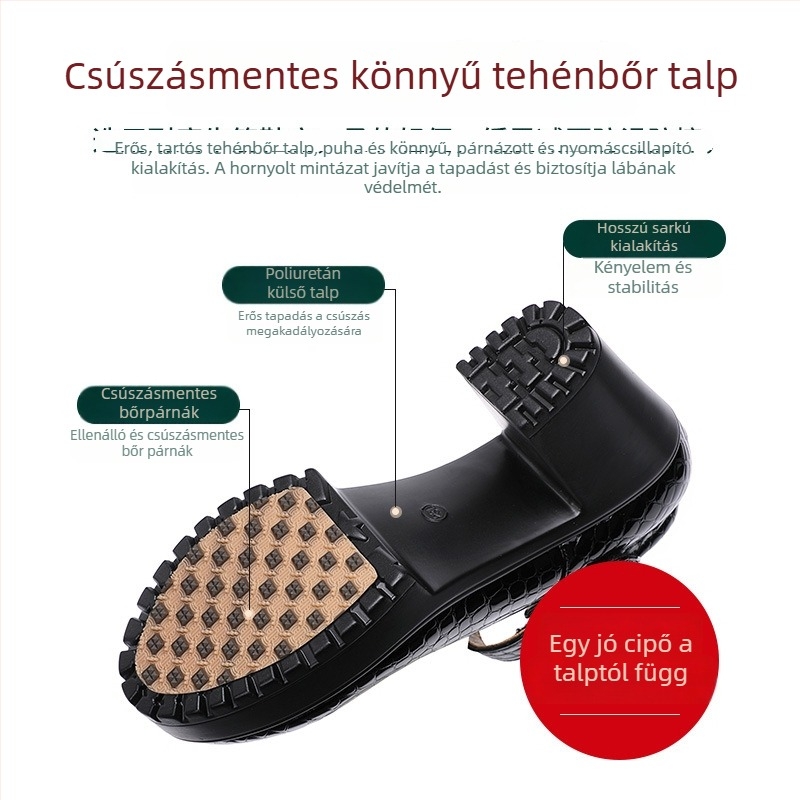 Természetes bőrből készült magas sarkú cipő, kerek orr, 6-8 cm vastag sarok, Velcro zár