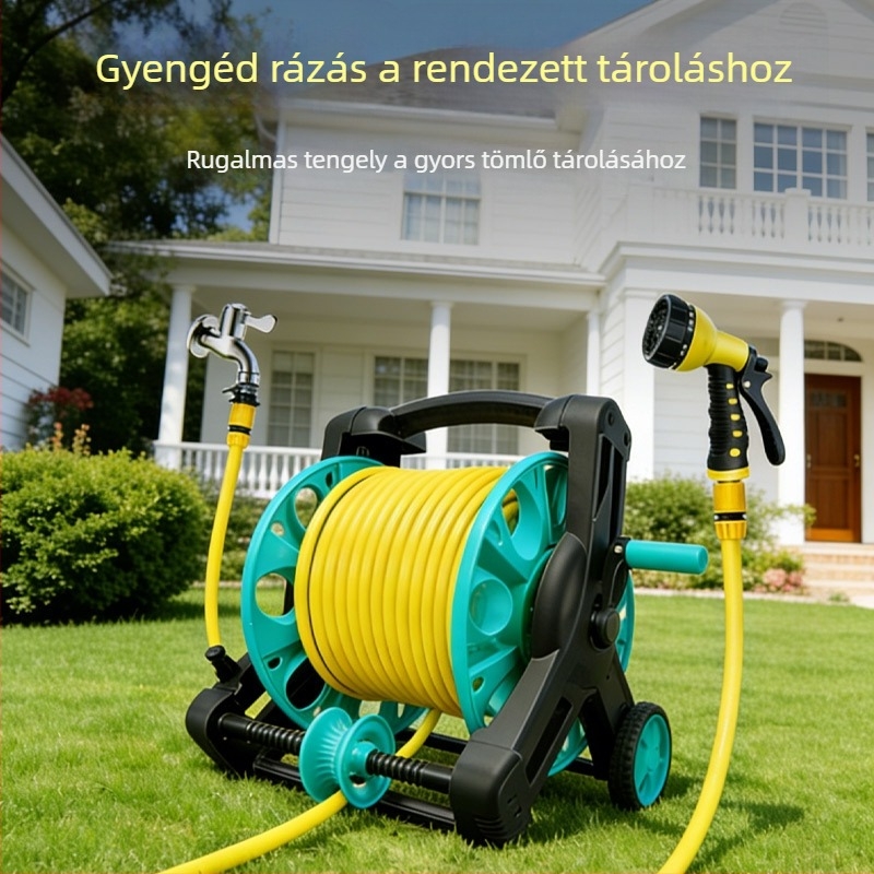Hordozható automata tömlőtekerő készlet tárolóval, nagynyomású pisztollyal és tömlő kocsival autómosáshoz