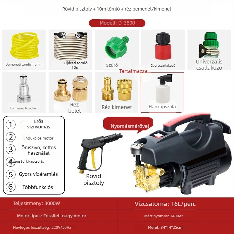 Háztartási magasnyomású autómosó - hordozható, kompakt, 033 modell, 220V, 3000W, 140 bar, 16 L/min