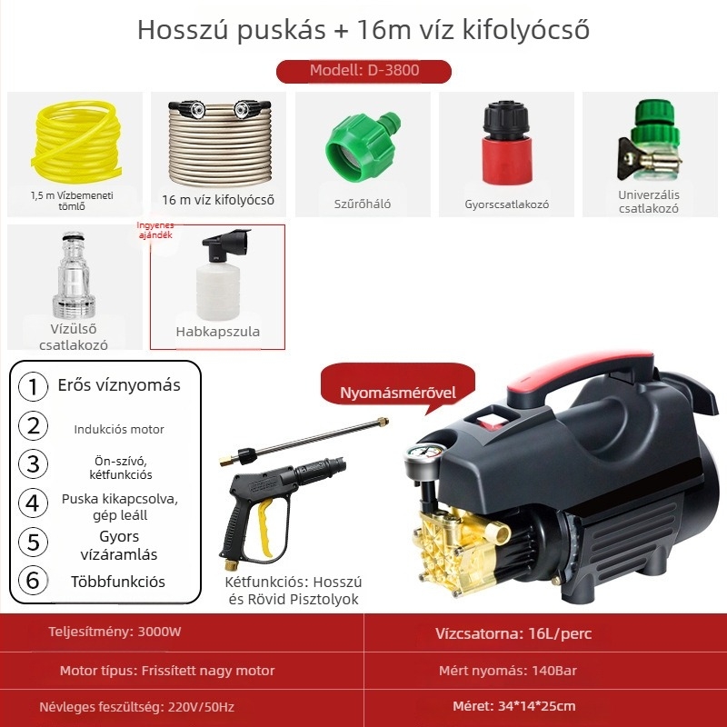 Háztartási magasnyomású autómosó - hordozható, kompakt, 033 modell, 220V, 3000W, 140 bar, 16 L/min