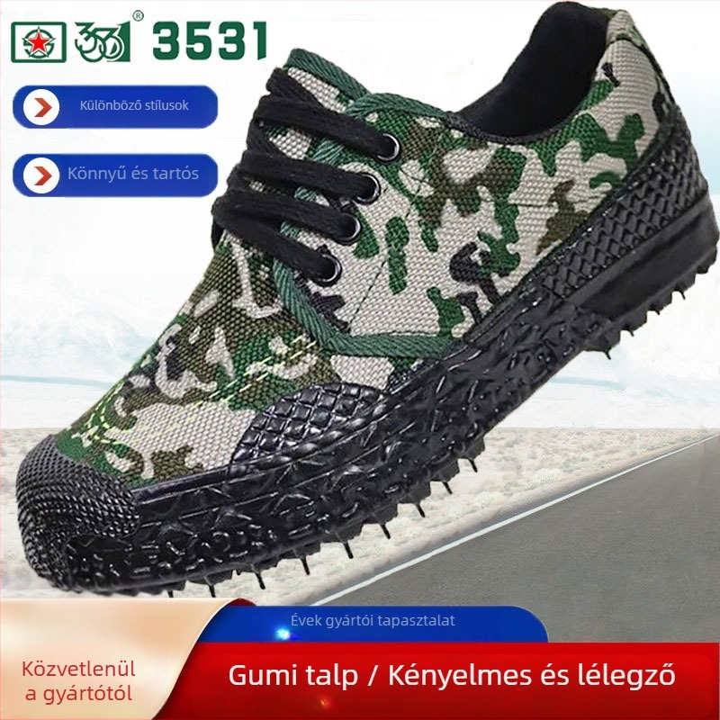 Kamufláž munkacipő, alacsony profilú, uniszex, textil felsőrész, gumírozott talp, vulkanizált technológiával