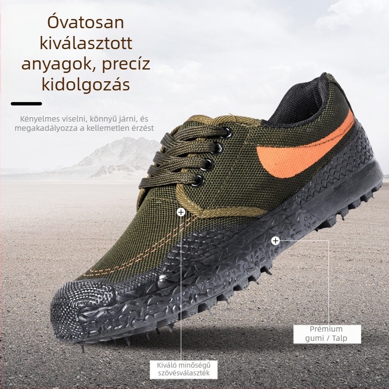 Kamufláž munkacipő, alacsony profilú, uniszex, textil felsőrész, gumírozott talp, vulkanizált technológiával