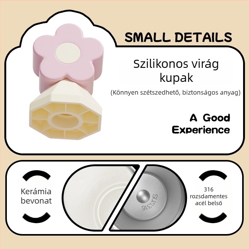 Női termosz pohár szívószállal, kompakt és hordozható, belső 316 rozsdamentes acél, külső 201 rozsdamentes acél, vákuum szigetelés 6–12 óra, tea-víz elkülönítés, logó nyomtatása lehetséges