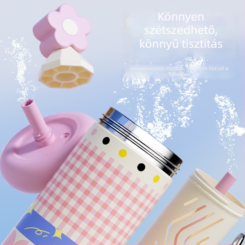 Női termosz pohár szívószállal, kompakt és hordozható, belső 316 rozsdamentes acél, külső 201 rozsdamentes acél, vákuum szigetelés 6–12 óra, tea-víz elkülönítés, logó nyomtatása lehetséges