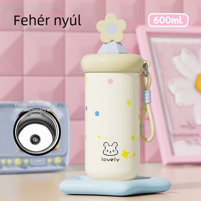 Női termosz pohár szívószállal, kompakt és hordozható, belső 316 rozsdamentes acél, külső 201 rozsdamentes acél, vákuum szigetelés 6–12 óra, tea-víz elkülönítés, logó nyomtatása lehetséges