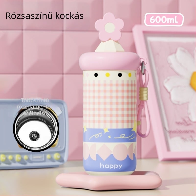 Női termosz pohár szívószállal, kompakt és hordozható, belső 316 rozsdamentes acél, külső 201 rozsdamentes acél, vákuum szigetelés 6–12 óra, tea-víz elkülönítés, logó nyomtatása lehetséges