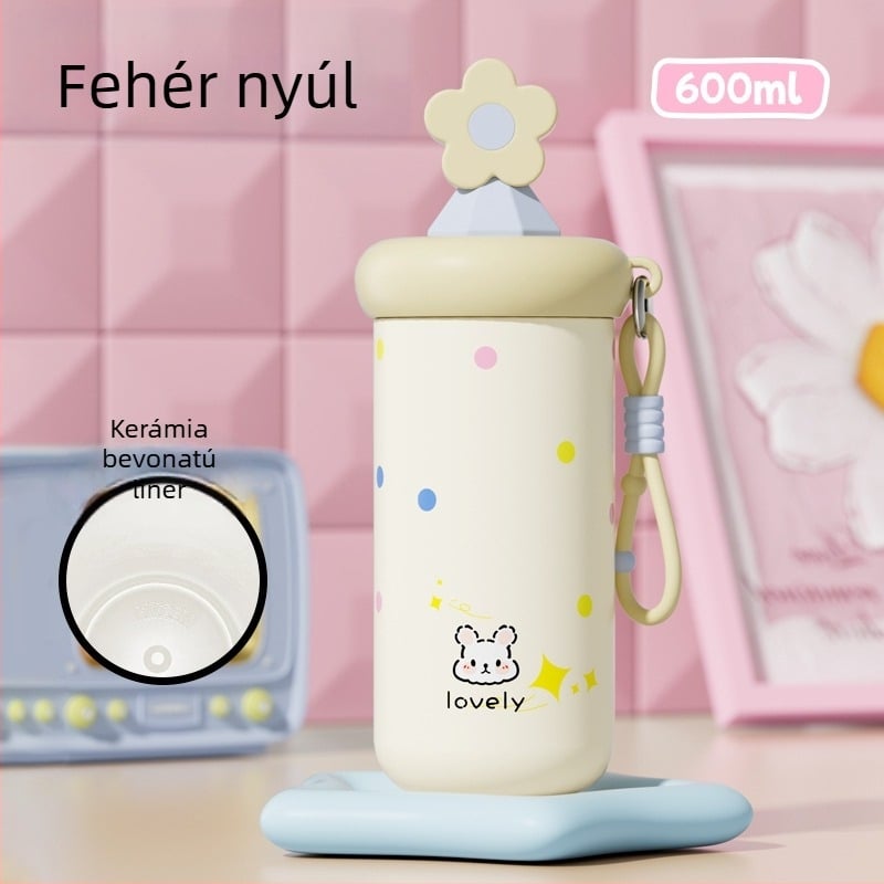 Női termosz pohár szívószállal, kompakt és hordozható, belső 316 rozsdamentes acél, külső 201 rozsdamentes acél, vákuum szigetelés 6–12 óra, tea-víz elkülönítés, logó nyomtatása lehetséges