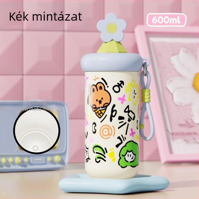 Női termosz pohár szívószállal, kompakt és hordozható, belső 316 rozsdamentes acél, külső 201 rozsdamentes acél, vákuum szigetelés 6–12 óra, tea-víz elkülönítés, logó nyomtatása lehetséges