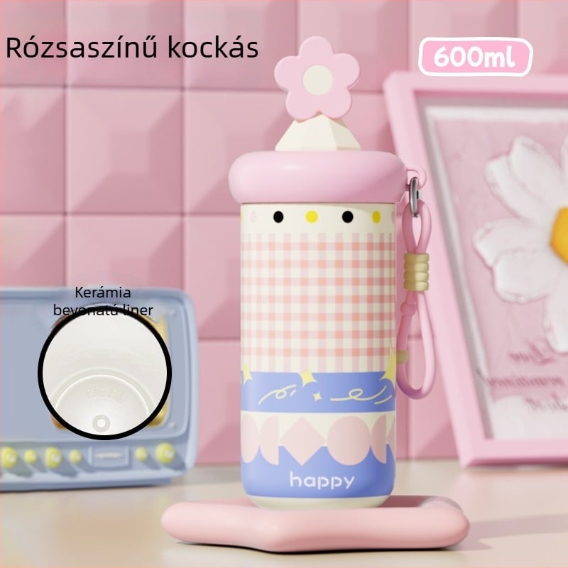 Női termosz pohár szívószállal, kompakt és hordozható, belső 316 rozsdamentes acél, külső 201 rozsdamentes acél, vákuum szigetelés 6–12 óra, tea-víz elkülönítés, logó nyomtatása lehetséges