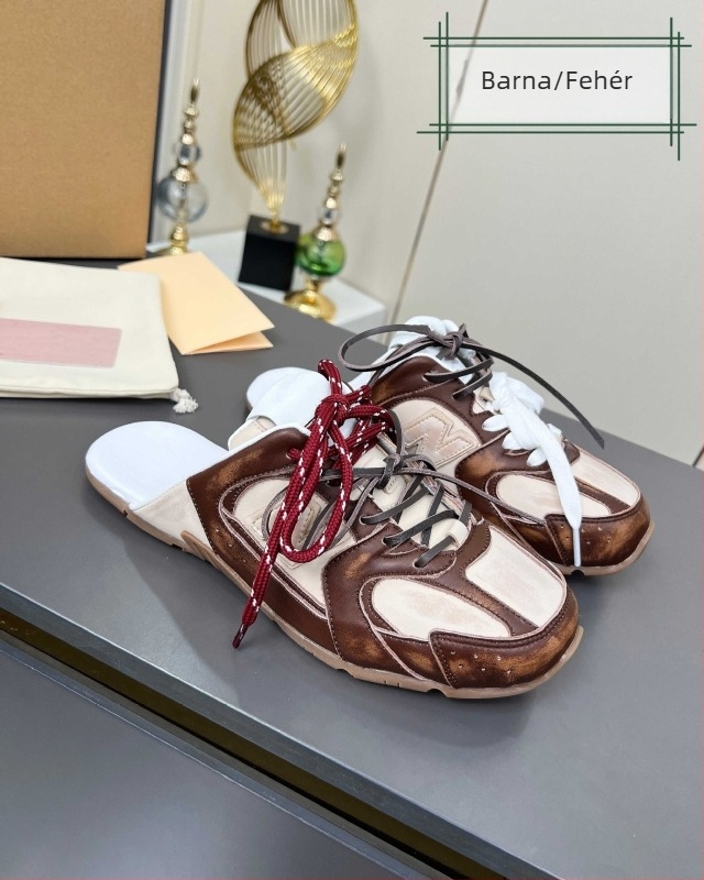 Miaojia 530 Színblokkolt slip-on papucs, vintage kopott hatású, mindennapi kényelmes cipő fűzőkkel és zárt orral
