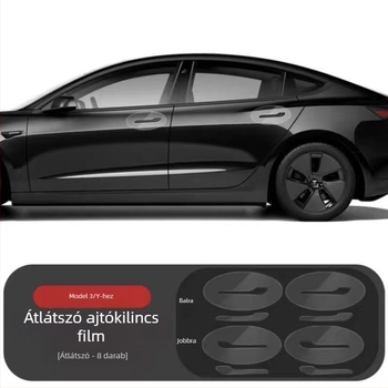 Tesla Model Y ajtófogantyúkat védő testmatrica — TPU, geometriai minta, ragasztásos felhelyezés, testreszabás elérhető