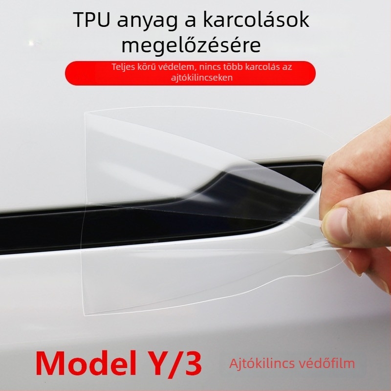 Tesla Model Y ajtófogantyúkat védő testmatrica — TPU, geometriai minta, ragasztásos felhelyezés, testreszabás elérhető