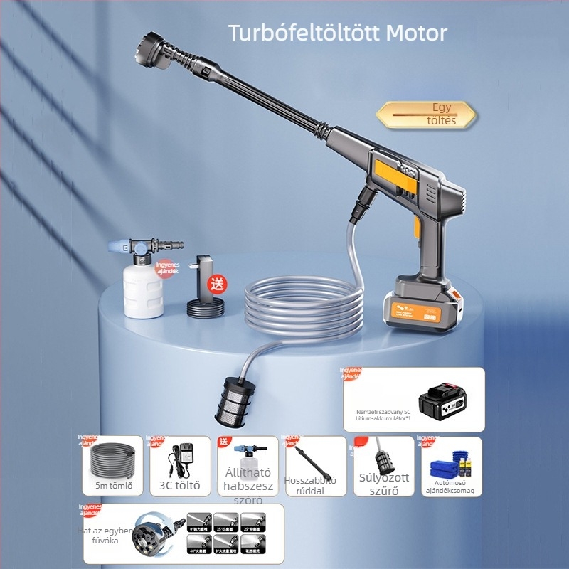 Vezeték nélküli autómosó gép nagynyomású vízsugárral – hordozható otthoni és autó használatra, LB-902, 150W, 220V, nyomás 2,5–25 MPa, súly 2,25 kg